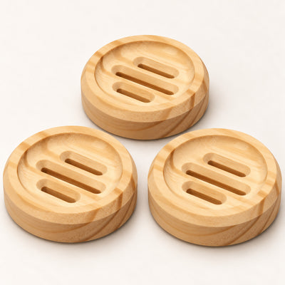 Three circle SoapCouch pine soap dishes with recessed grooves
