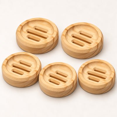Five circle SoapCouch pine soap dishes with recessed grooves