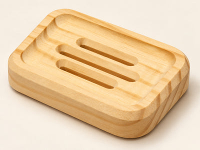 Close view of the three recessed grooves, continuous rim and solid pine sidewall of a rectangle SoapCouch
