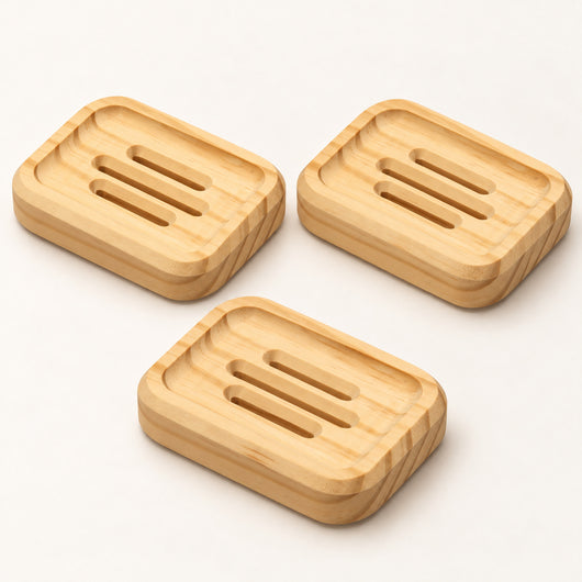 Three rectangle SoapCouch pine soap dishes with recessed grooves