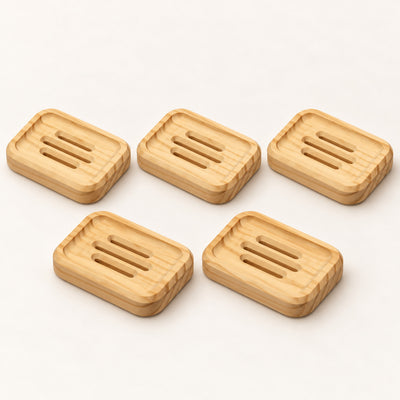 Five rectangle SoapCouch pine soap dishes with recessed grooves
