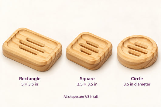 Rectangle 5 by 3.5 inches, square 3.5 by 3.5 inches, and circle 3.5 inches diameter; all SoapCouch shapes are 7/8 inch tall